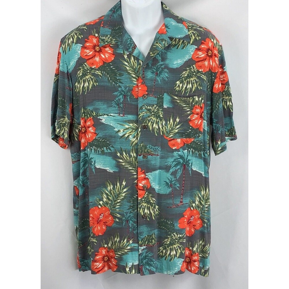 Vintage George Hawaiian Shirt M Gray Floral Aloha Button Up Rayon Retro Beach